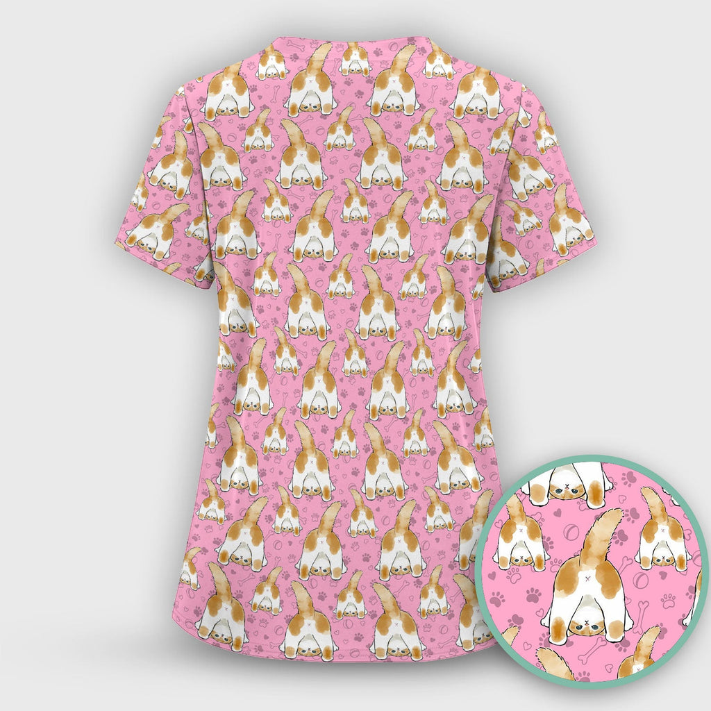 Cute Cat Butt Nurse Scrub Top, Cat Pattern Medical Shirt For Pet Lover, Breathable Fabrics Nursing Uniform