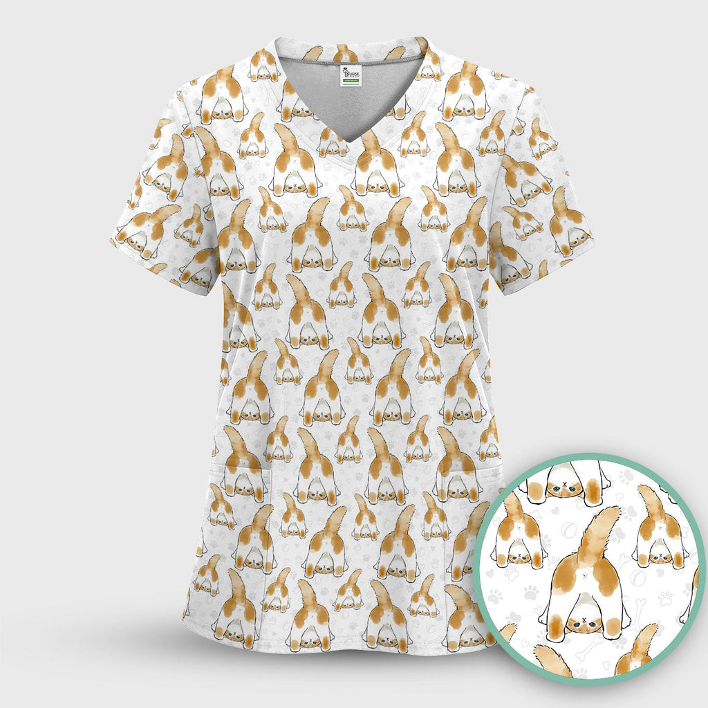 Cute Cat Butt Nurse Scrub Top, Cat Pattern Medical Shirt For Pet Lover, Breathable Fabrics Nursing Uniform