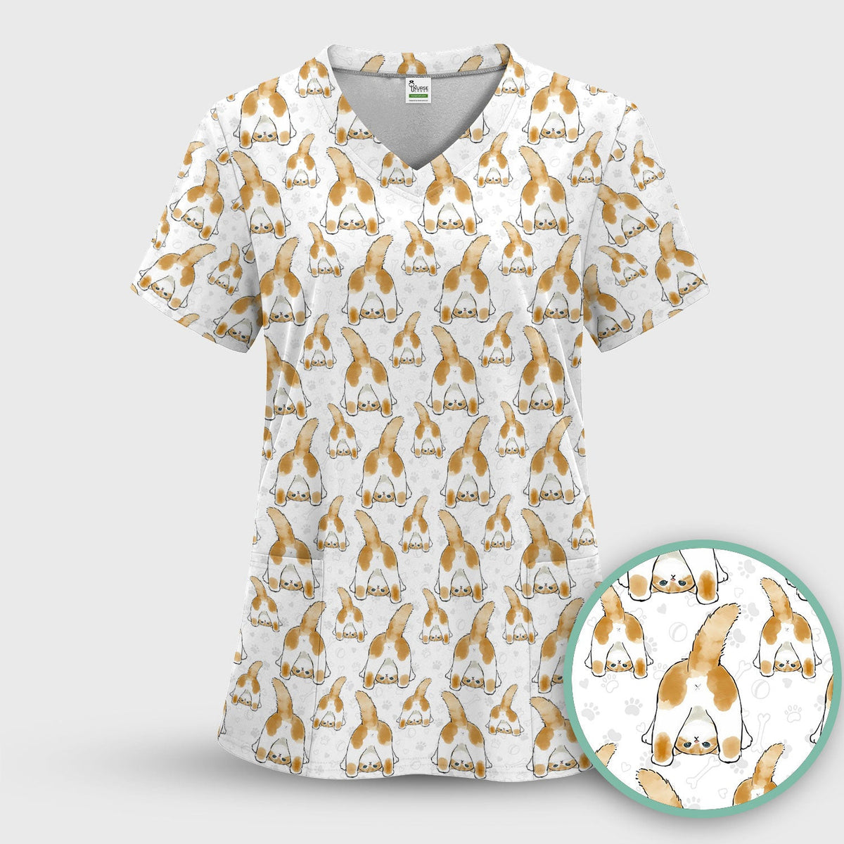 Cute Cat Butt Nurse Scrub Top, Cat Pattern Medical Shirt For Pet Lover, Breathable Fabrics Nursing Uniform