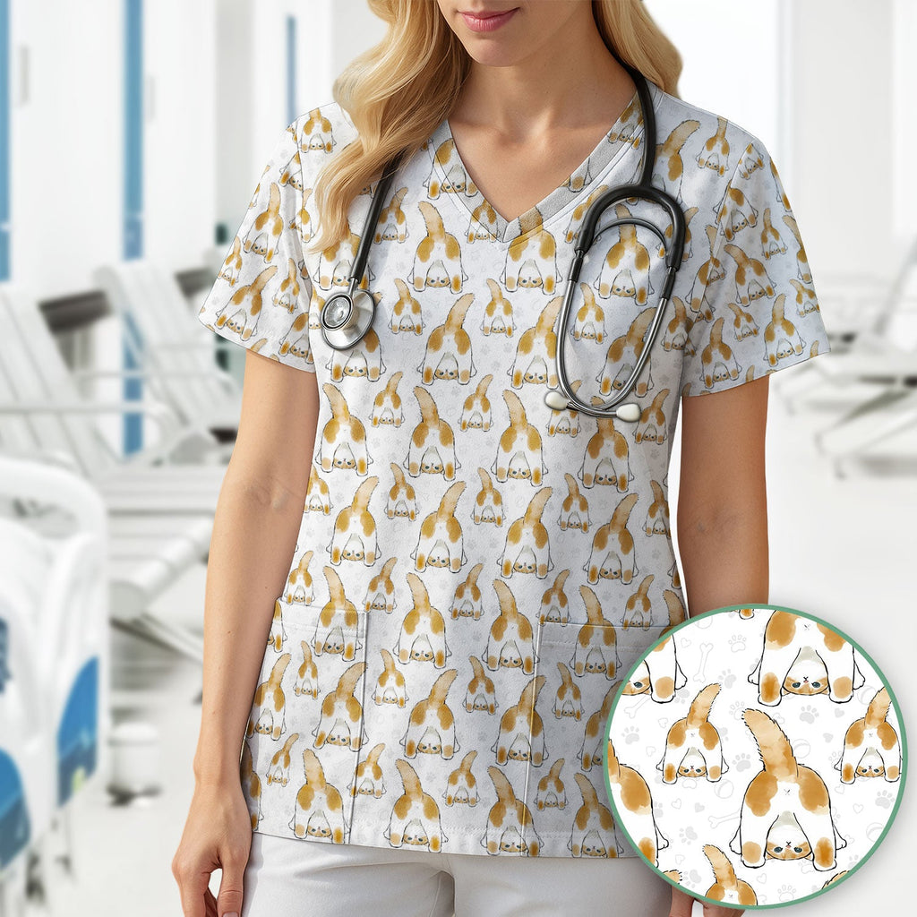 Cute Cat Butt Nurse Scrub Top, Cat Pattern Medical Shirt For Pet Lover, Breathable Fabrics Nursing Uniform
