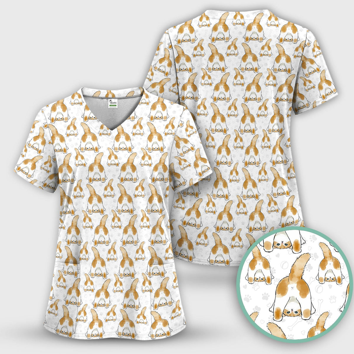Cute Cat Butt Nurse Scrub Top, Cat Pattern Medical Shirt For Pet Lover, Breathable Fabrics Nursing Uniform