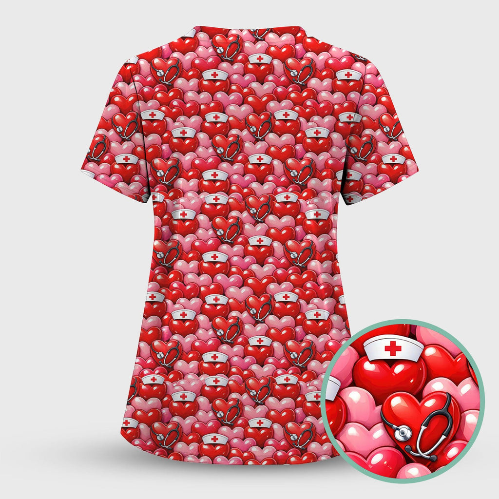 Valentine Pattern Nurse Scrub Top, Heart With Stethoscope Love Medical Shirt For Women, Breathable Fabrics Nursing Uniform