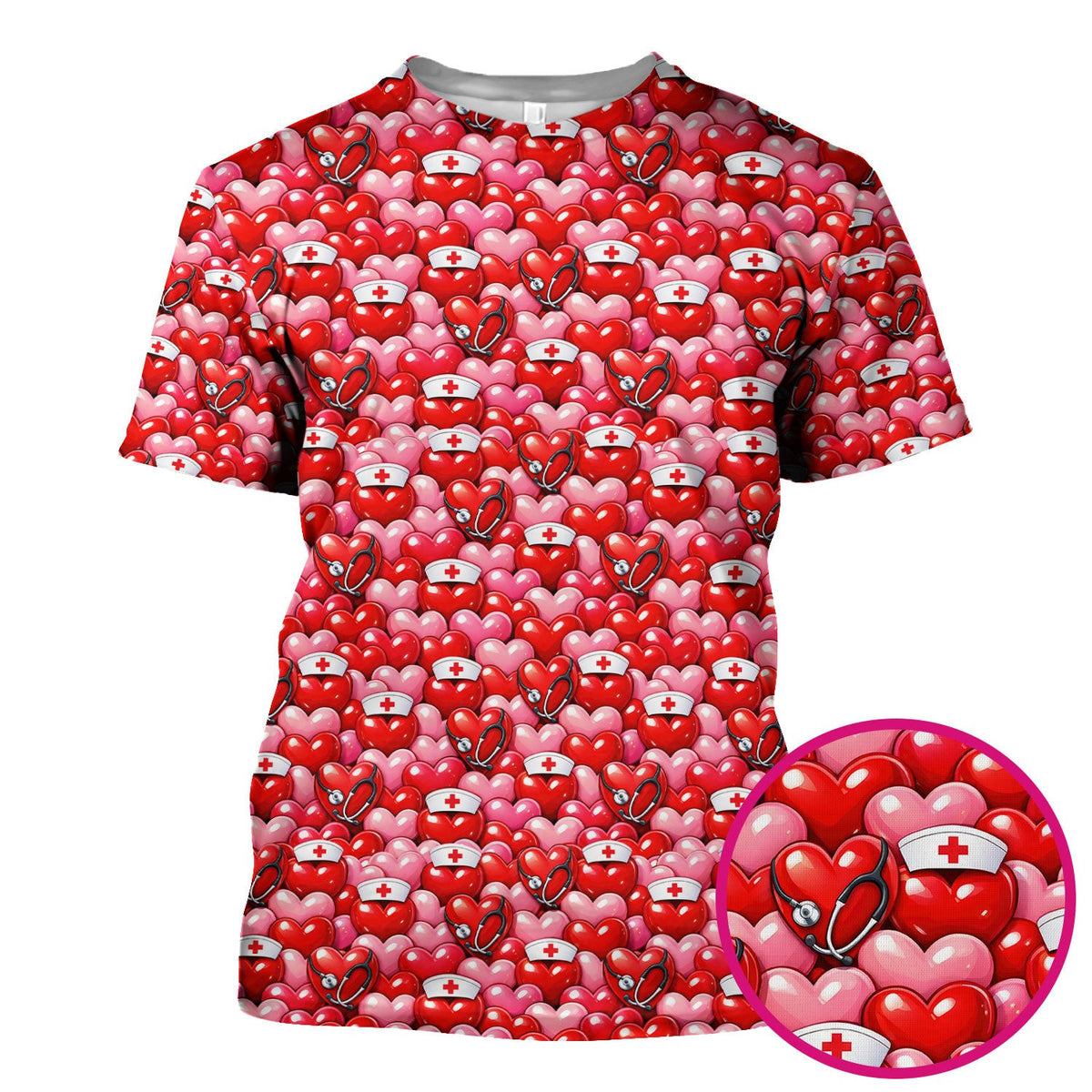 Valentine Pattern Nurse Scrub Top, Heart With Stethoscope Love Medical Shirt For Women, Breathable Fabrics Nursing Uniform