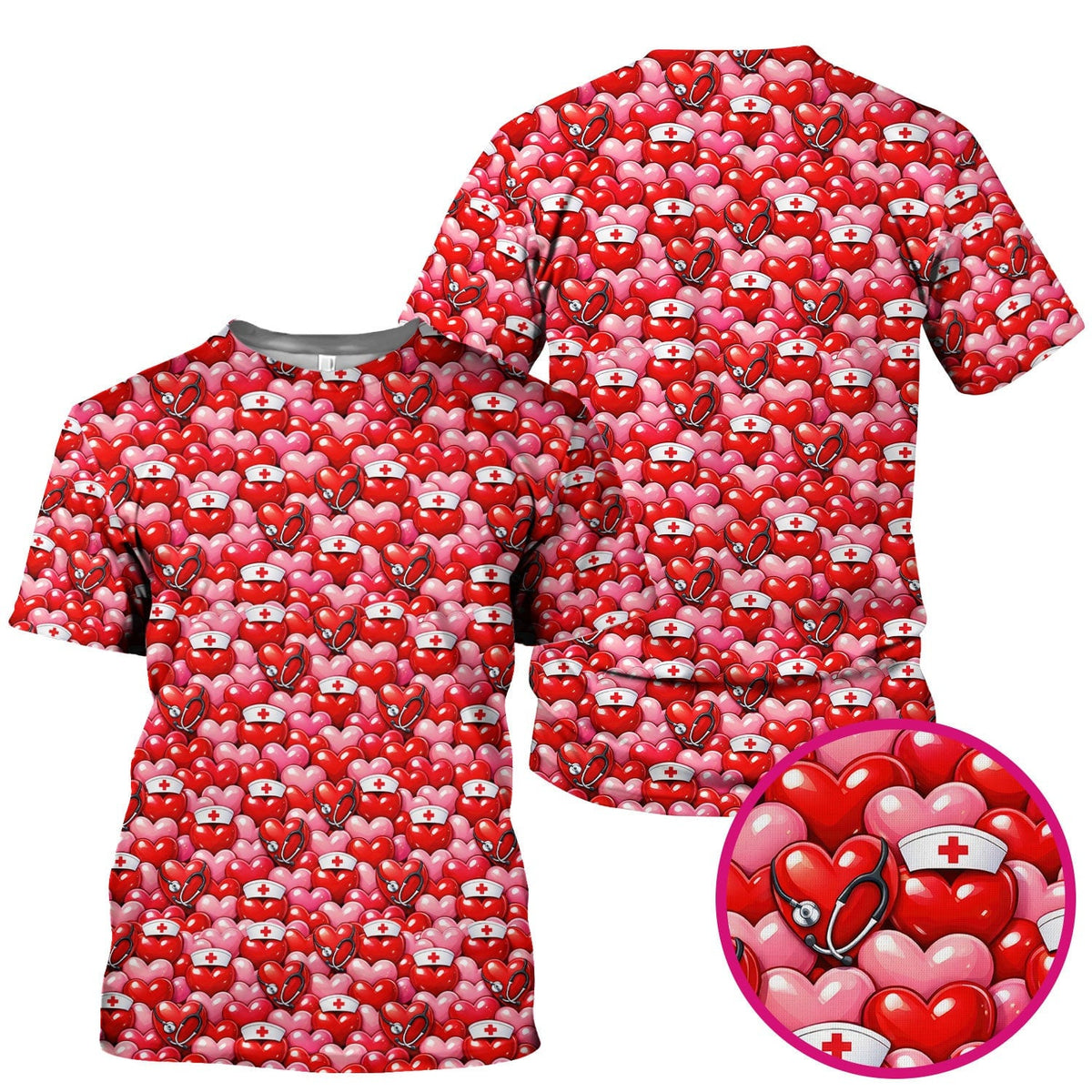 Valentine Pattern Nurse Scrub Top, Heart With Stethoscope Love Medical Shirt For Women, Breathable Fabrics Nursing Uniform