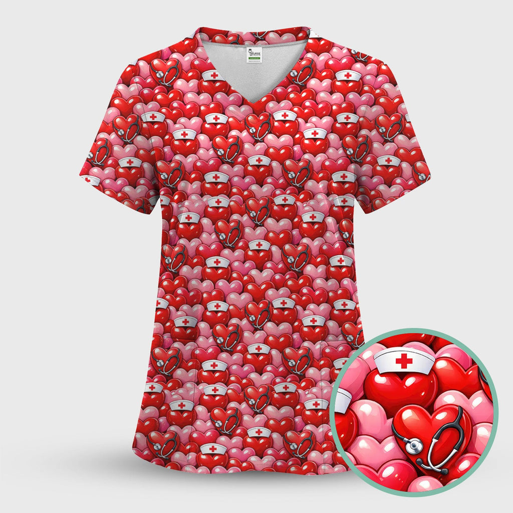 Valentine Pattern Nurse Scrub Top, Heart With Stethoscope Love Medical Shirt For Women, Breathable Fabrics Nursing Uniform