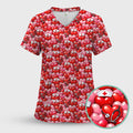 Valentine Pattern Nurse Scrub Top, Heart With Stethoscope Love Medical Shirt For Women, Breathable Fabrics Nursing Uniform
