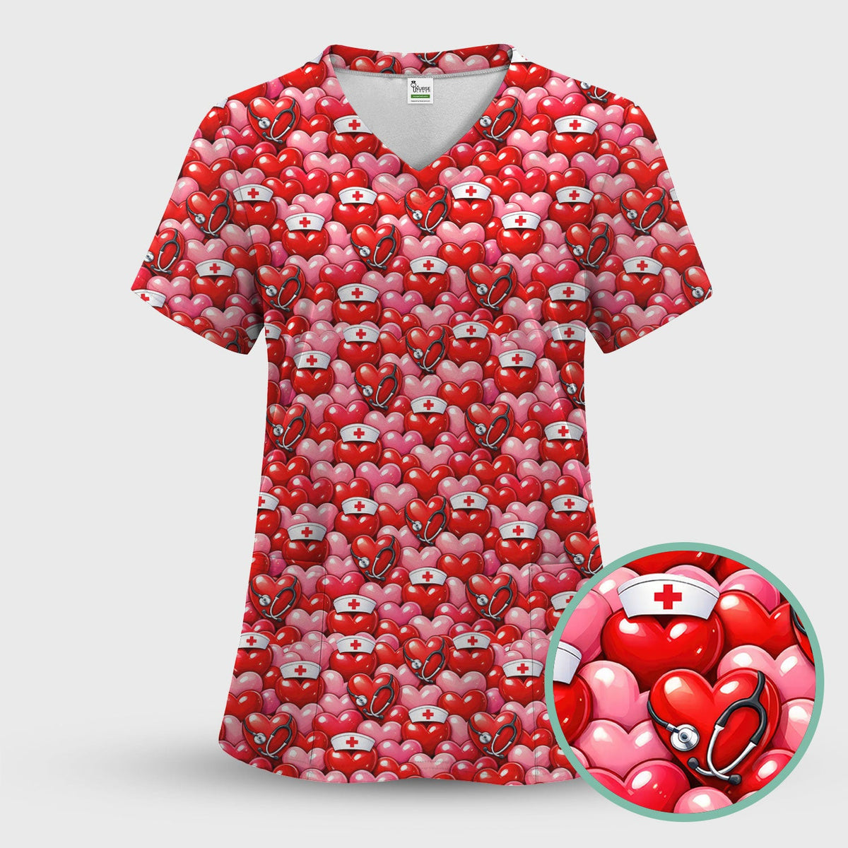 Valentine Pattern Nurse Scrub Top, Heart With Stethoscope Love Medical Shirt For Women, Breathable Fabrics Nursing Uniform