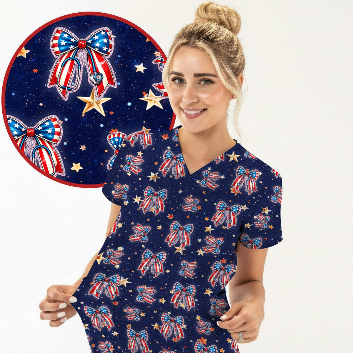 Patriotic Bow Star Print Nurse Scrub Top, Breathable Fabrics Nursing Uniform