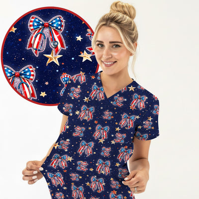 Patriotic Bow Star Print Nurse Scrub Top, Breathable Fabrics Nursing Uniform