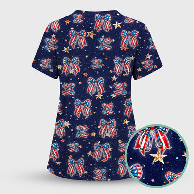 Patriotic Bow Star Print Nurse Scrub Top, Breathable Fabrics Nursing Uniform