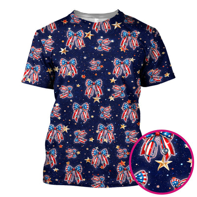 Patriotic Bow Star Print Nurse Scrub Top, Breathable Fabrics Nursing Uniform