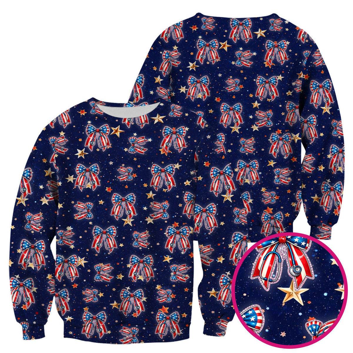 Patriotic Bow Star Print Nurse Scrub Top, Breathable Fabrics Nursing Uniform