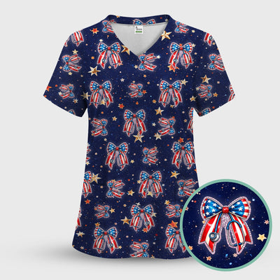 Patriotic Bow Star Print Nurse Scrub Top, Breathable Fabrics Nursing Uniform