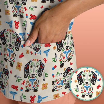 Dachshund Medical Icon Pattern Scrub Top, Comfortable Scrubs for Nurses