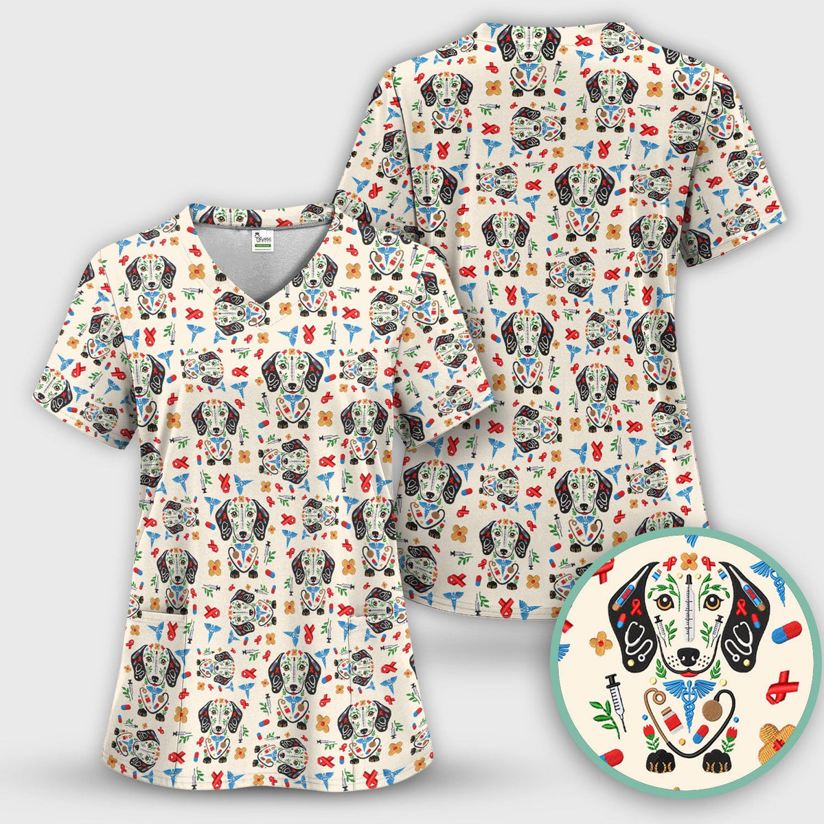 Dachshund Medical Icon Pattern Scrub Top, Comfortable Scrubs for Nurses