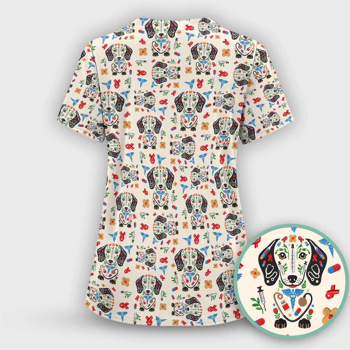 Dachshund Medical Icon Pattern Scrub Top, Comfortable Scrubs for Nurses