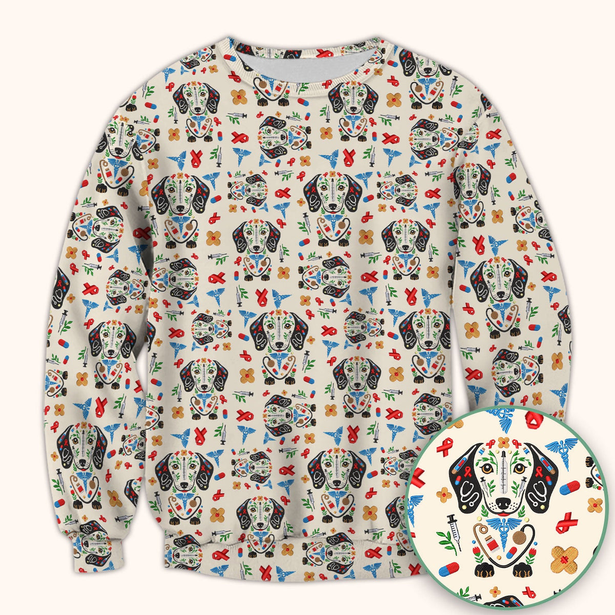Dachshund Medical Icon Pattern Scrub Top, Comfortable Scrubs for Nurses