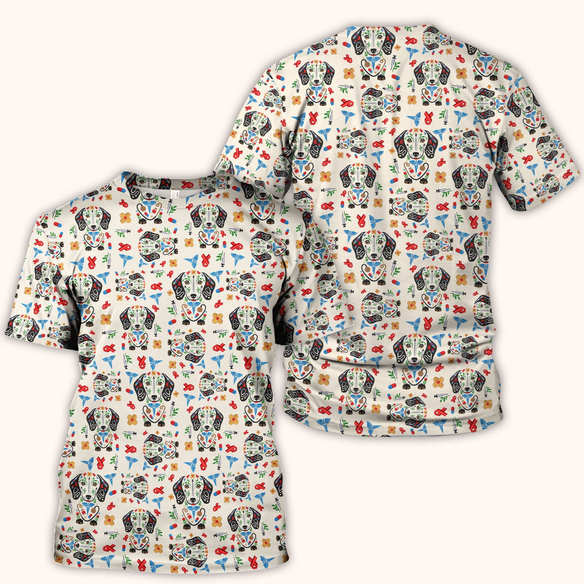 Dachshund Medical Icon Pattern Scrub Top, Comfortable Scrubs for Nurses