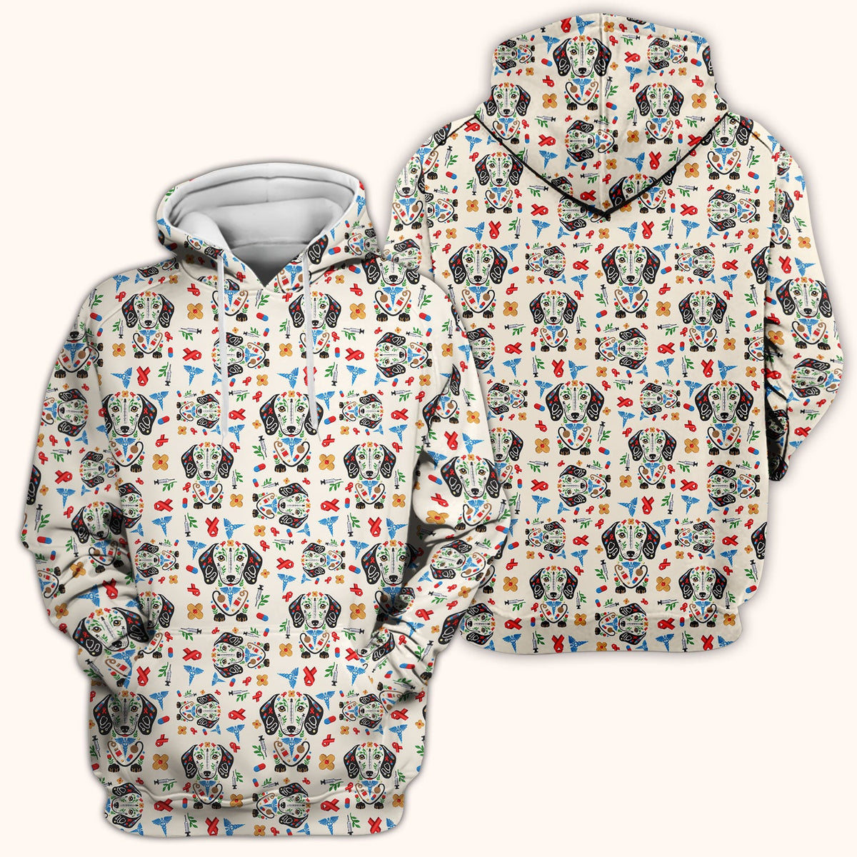 Dachshund Medical Icon Pattern Scrub Top, Comfortable Scrubs for Nurses