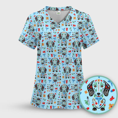 Dachshund Medical Icon Pattern Scrub Top, Comfortable Scrubs for Nurses