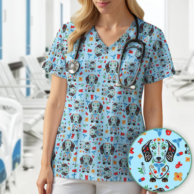 Dachshund Medical Icon Pattern Scrub Top, Comfortable Scrubs for Nurses