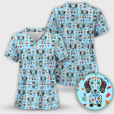 Dachshund Medical Icon Pattern Scrub Top, Comfortable Scrubs for Nurses