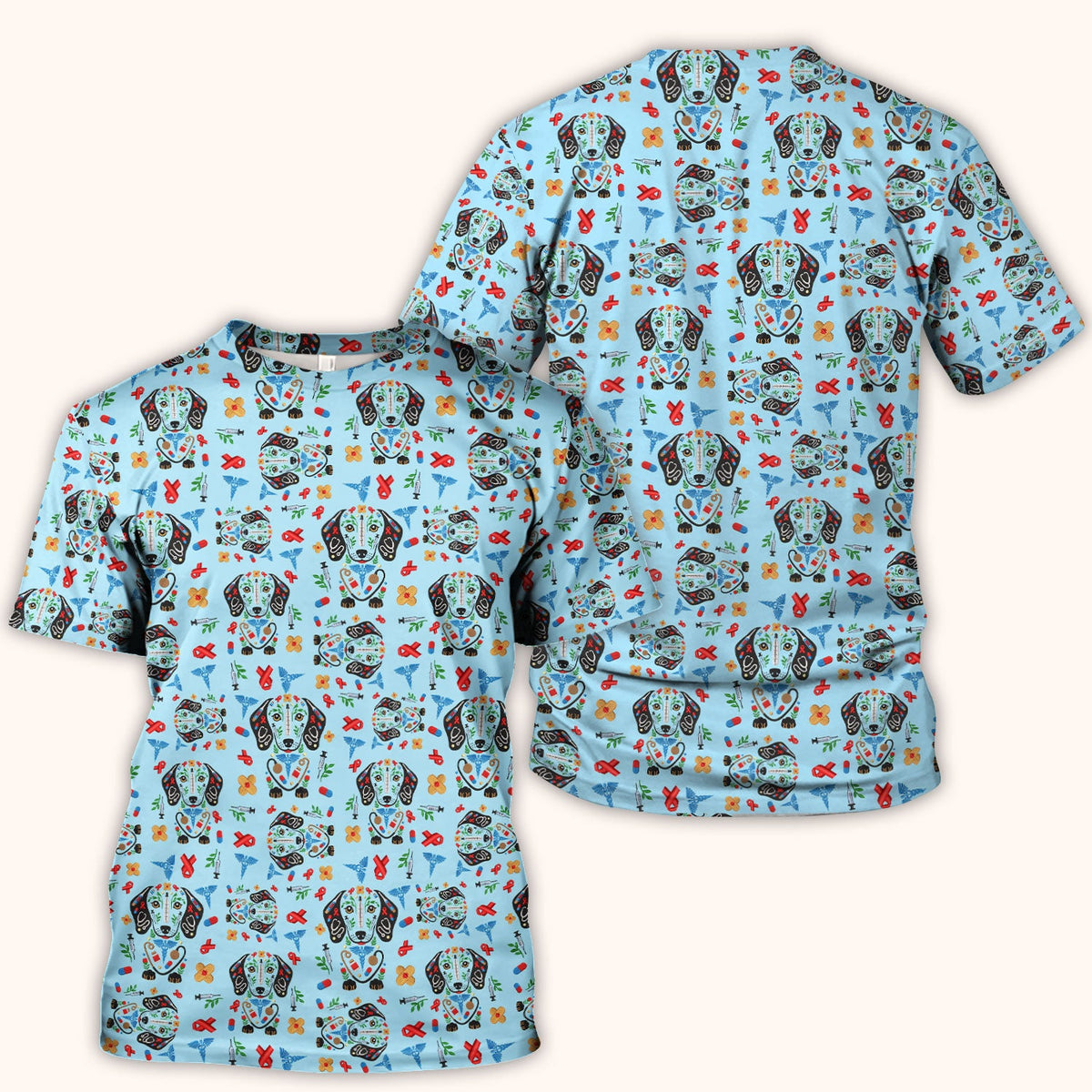 Dachshund Medical Icon Pattern Scrub Top, Comfortable Scrubs for Nurses