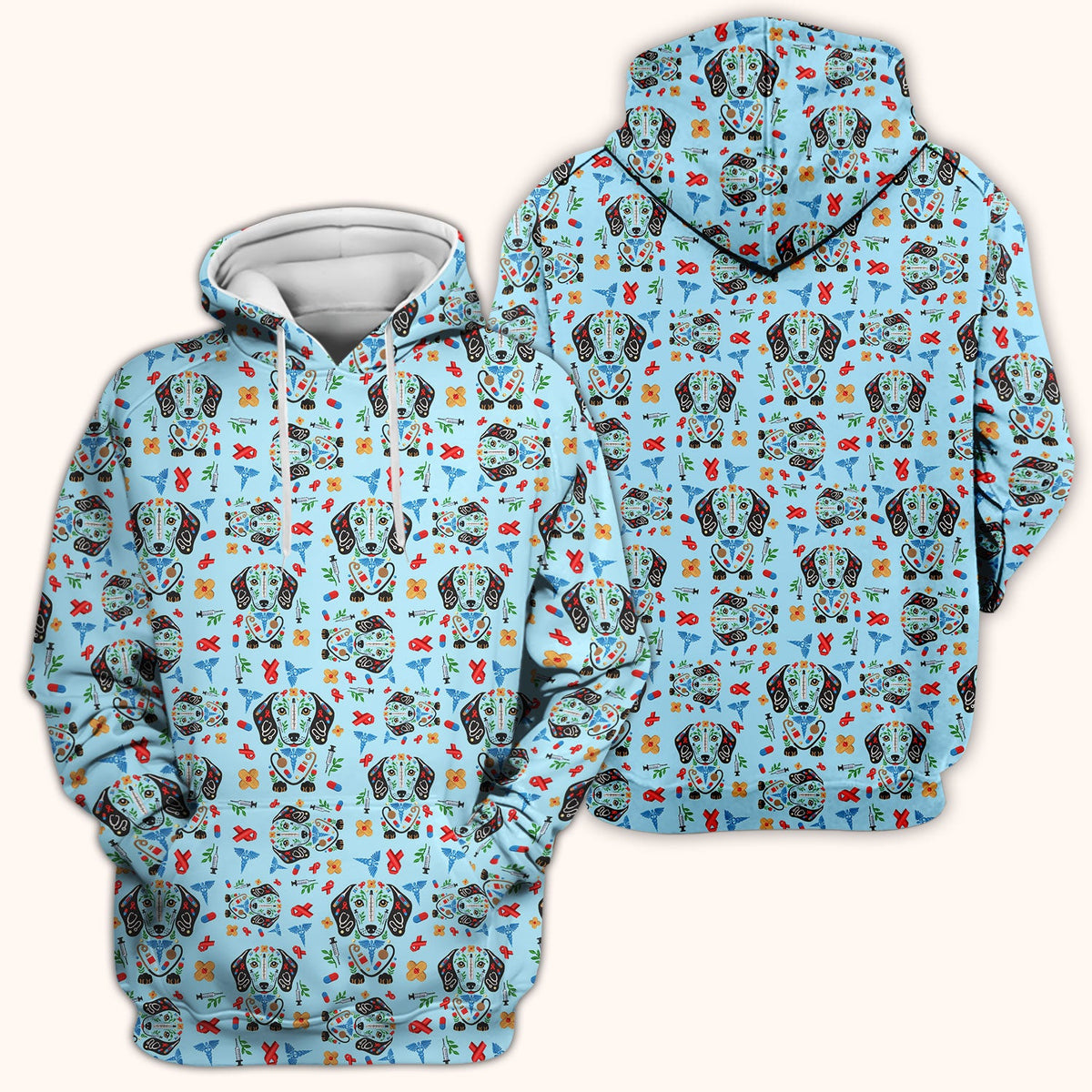 Dachshund Medical Icon Pattern Scrub Top, Comfortable Scrubs for Nurses