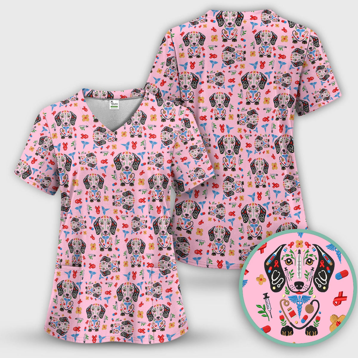 Dachshund Medical Icon Pattern Scrub Top, Comfortable Scrubs for Nurses