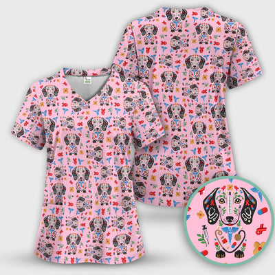 Dachshund Medical Icon Pattern Scrub Top, Comfortable Scrubs for Nurses