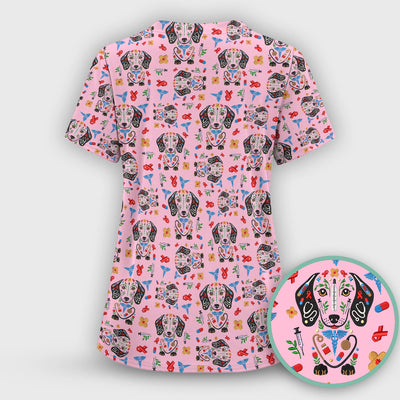 Dachshund Medical Icon Pattern Scrub Top, Comfortable Scrubs for Nurses