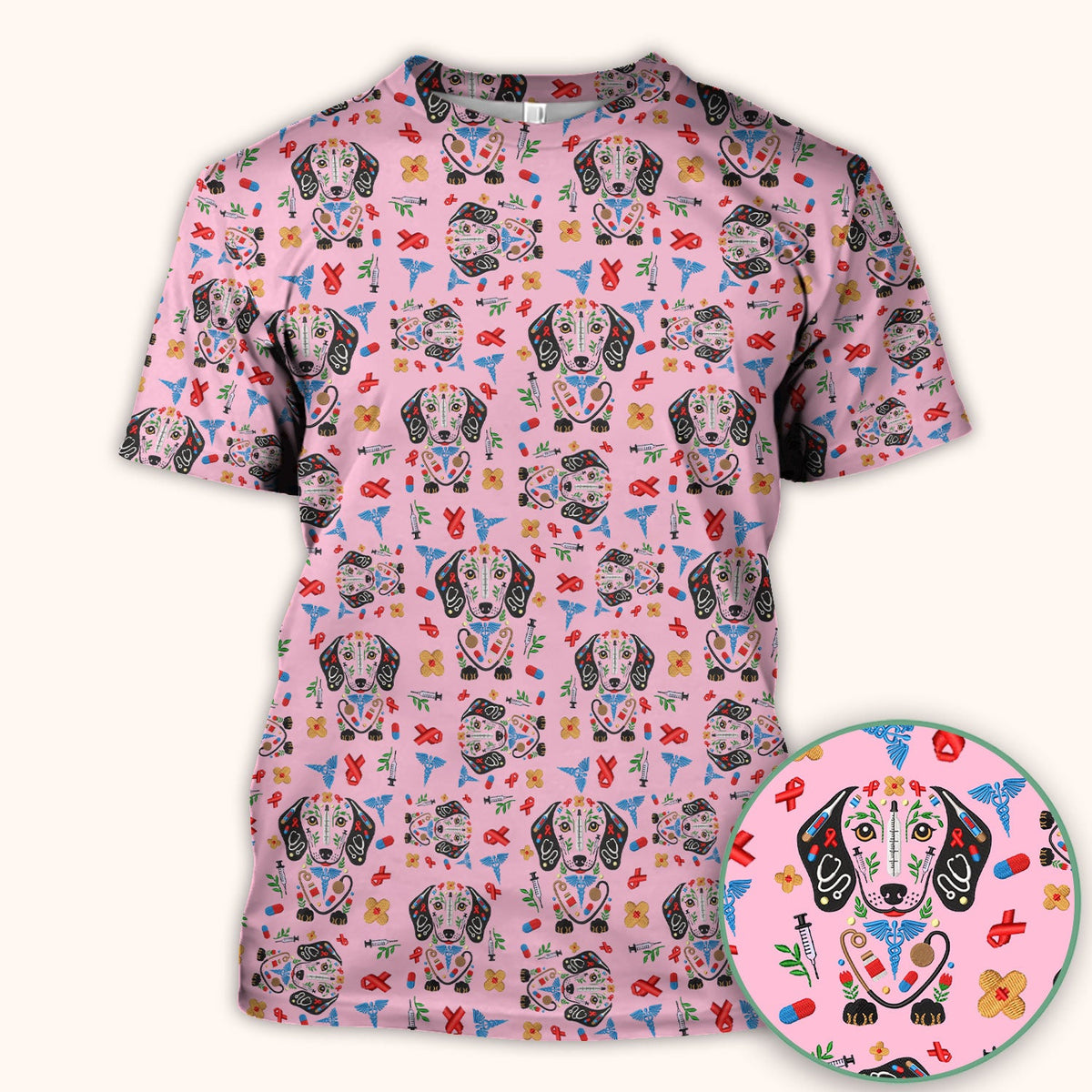 Dachshund Medical Icon Pattern Scrub Top, Comfortable Scrubs for Nurses