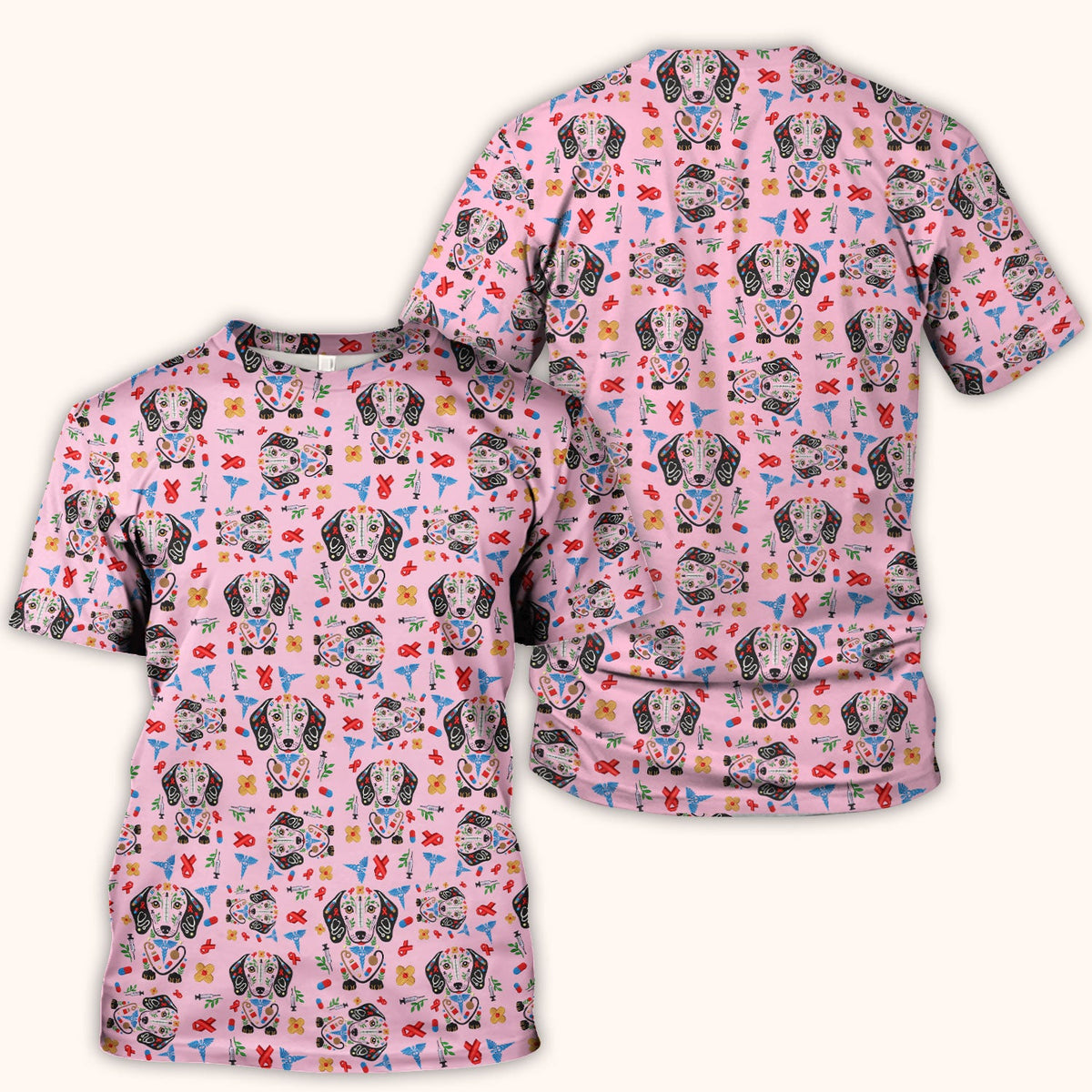 Dachshund Medical Icon Pattern Scrub Top, Comfortable Scrubs for Nurses