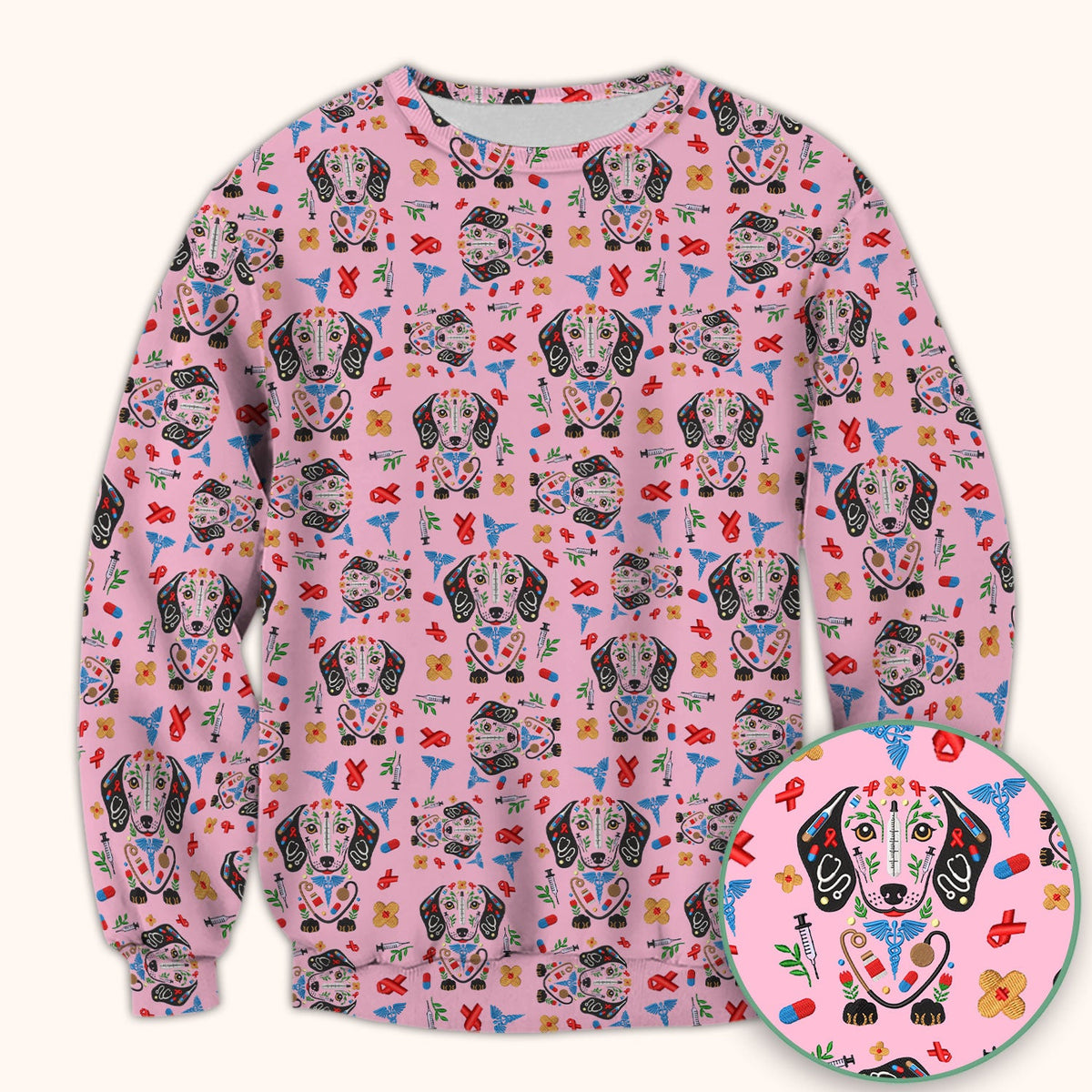 Dachshund Medical Icon Pattern Scrub Top, Comfortable Scrubs for Nurses