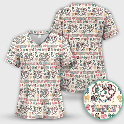 Butterfly Heart Valentine Medical Pattern Scrub Top, Comfortable Scrubs for Nurses