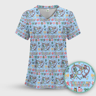 Butterfly Heart Valentine Medical Pattern Scrub Top, Comfortable Scrubs for Nurses