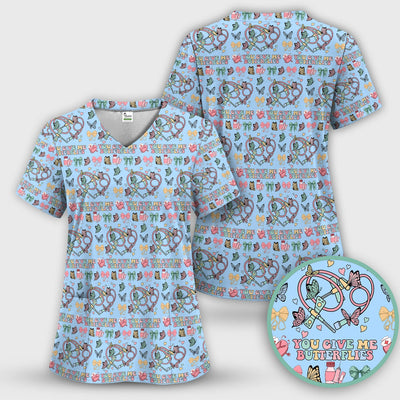 Butterfly Heart Valentine Medical Pattern Scrub Top, Comfortable Scrubs for Nurses
