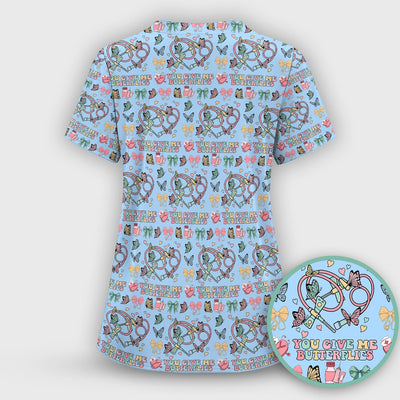 Butterfly Heart Valentine Medical Pattern Scrub Top, Comfortable Scrubs for Nurses