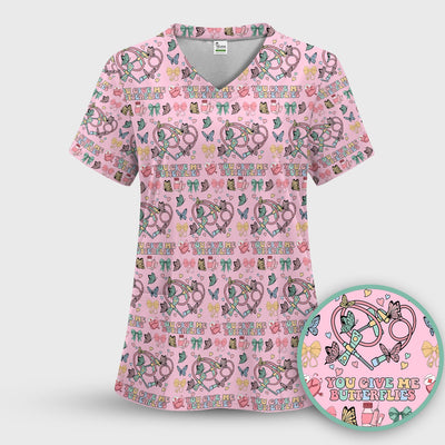 Butterfly Heart Valentine Medical Pattern Scrub Top, Comfortable Scrubs for Nurses