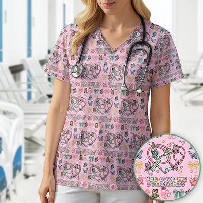 Butterfly Heart Valentine Medical Pattern Scrub Top, Comfortable Scrubs for Nurses