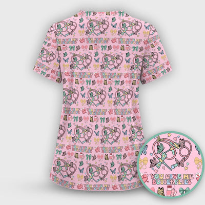Butterfly Heart Valentine Medical Pattern Scrub Top, Comfortable Scrubs for Nurses