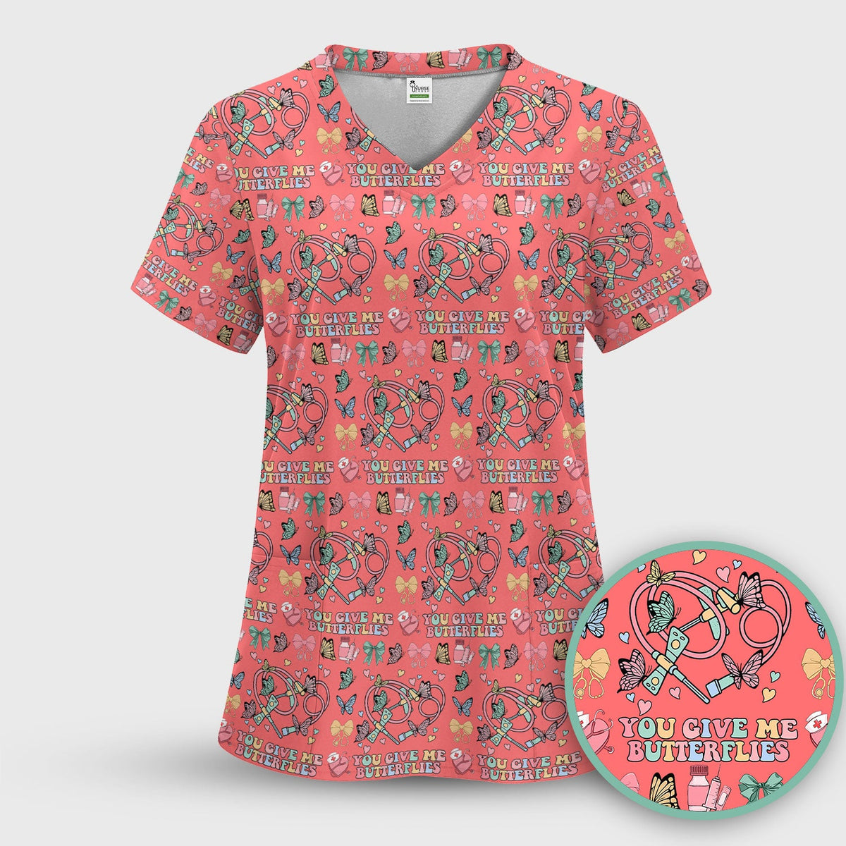 Butterfly Heart Valentine Medical Pattern Scrub Top, Comfortable Scrubs for Nurses