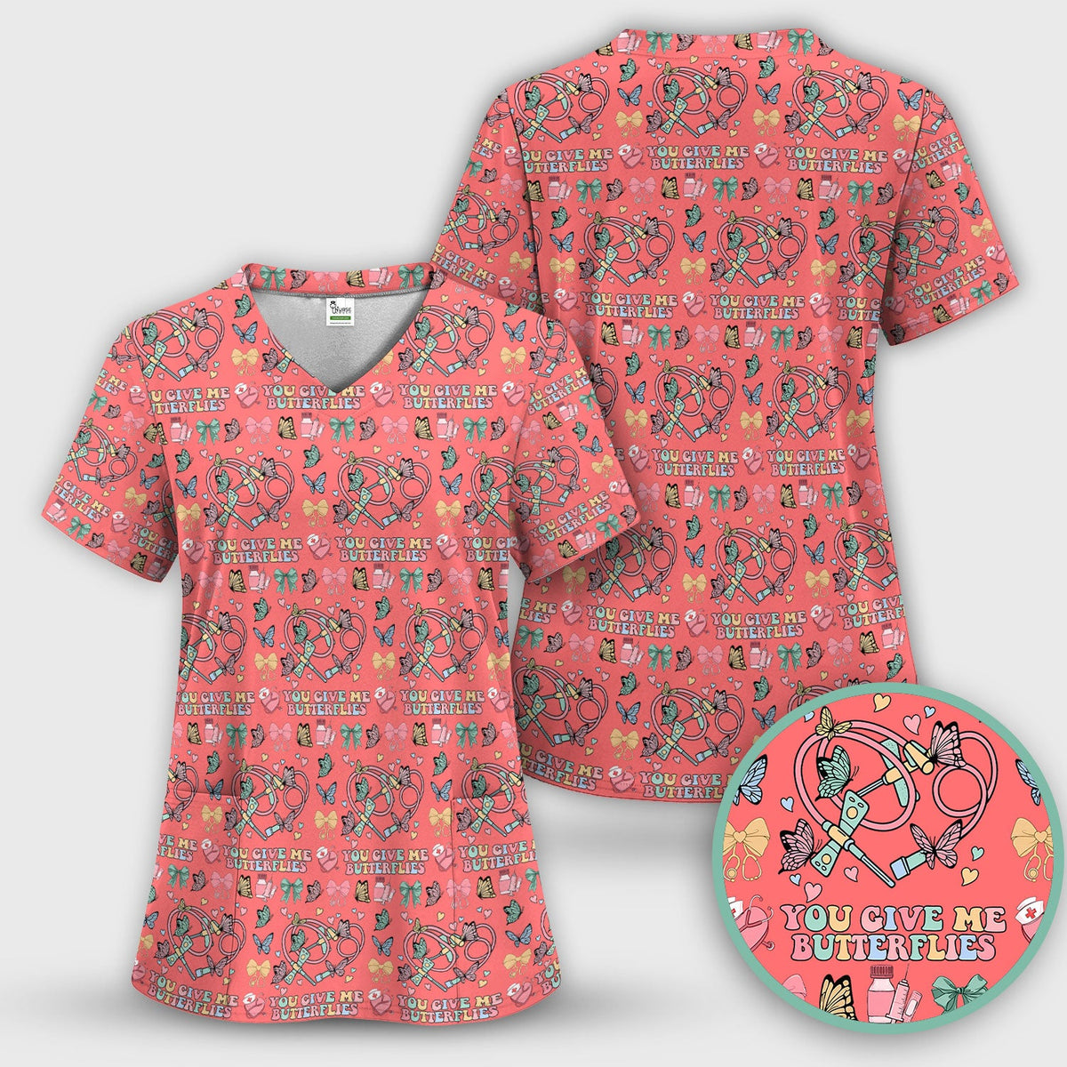 Butterfly Heart Valentine Medical Pattern Scrub Top, Comfortable Scrubs for Nurses