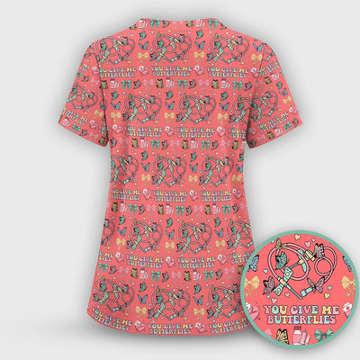 Butterfly Heart Valentine Medical Pattern Scrub Top, Comfortable Scrubs for Nurses