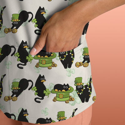 St. Patrick Black Cat Clover Print Nurse Scrub Top, Comfortable Scrubs for Nurses