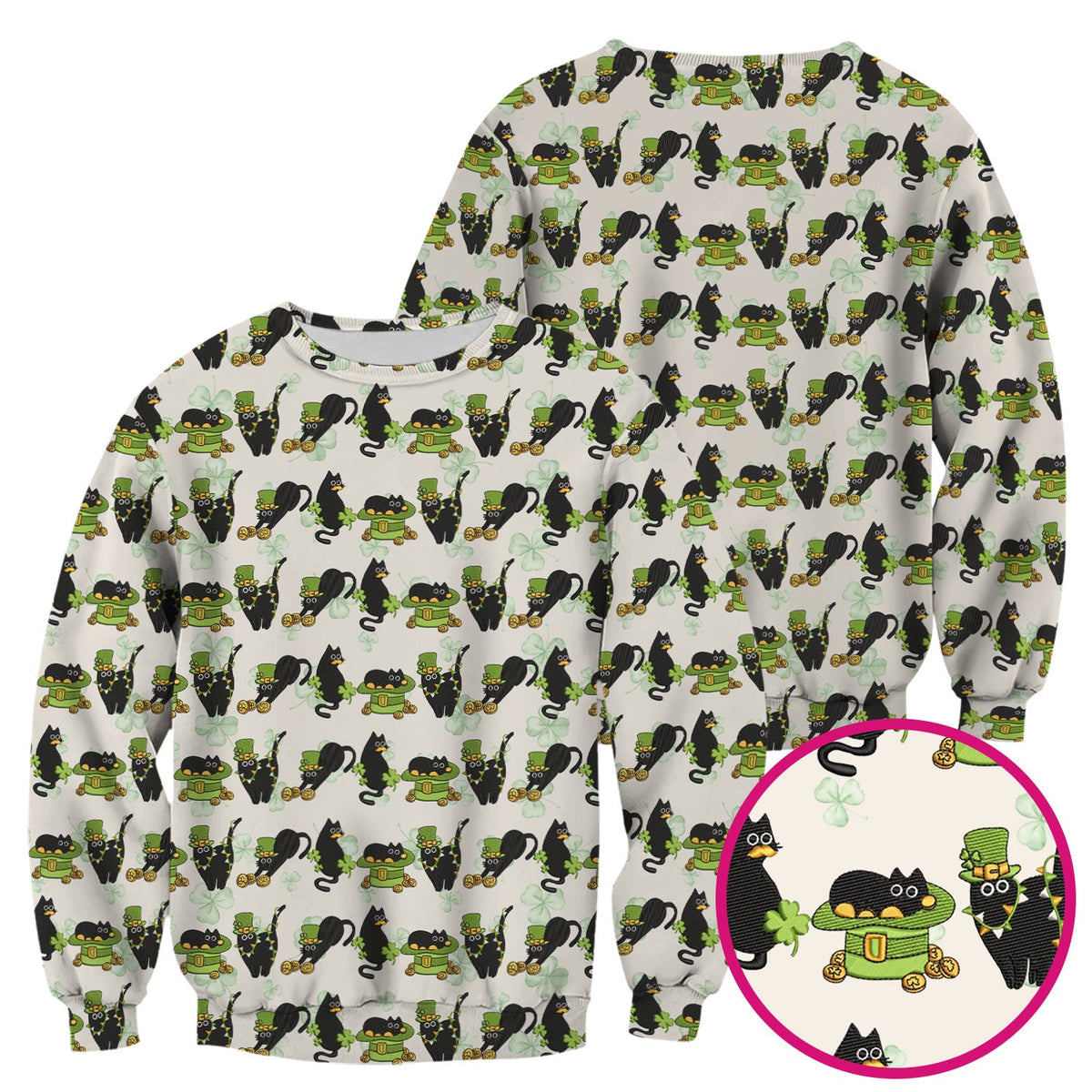 St. Patrick Black Cat Clover Print Nurse Scrub Top, Comfortable Scrubs for Nurses
