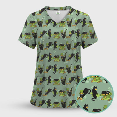 St. Patrick Black Cat Clover Print Nurse Scrub Top, Comfortable Scrubs for Nurses