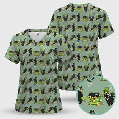 St. Patrick Black Cat Clover Print Nurse Scrub Top, Comfortable Scrubs for Nurses