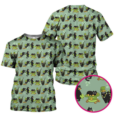 St. Patrick Black Cat Clover Print Nurse Scrub Top, Comfortable Scrubs for Nurses