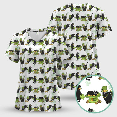 St. Patrick Black Cat Clover Print Nurse Scrub Top, Comfortable Scrubs for Nurses
